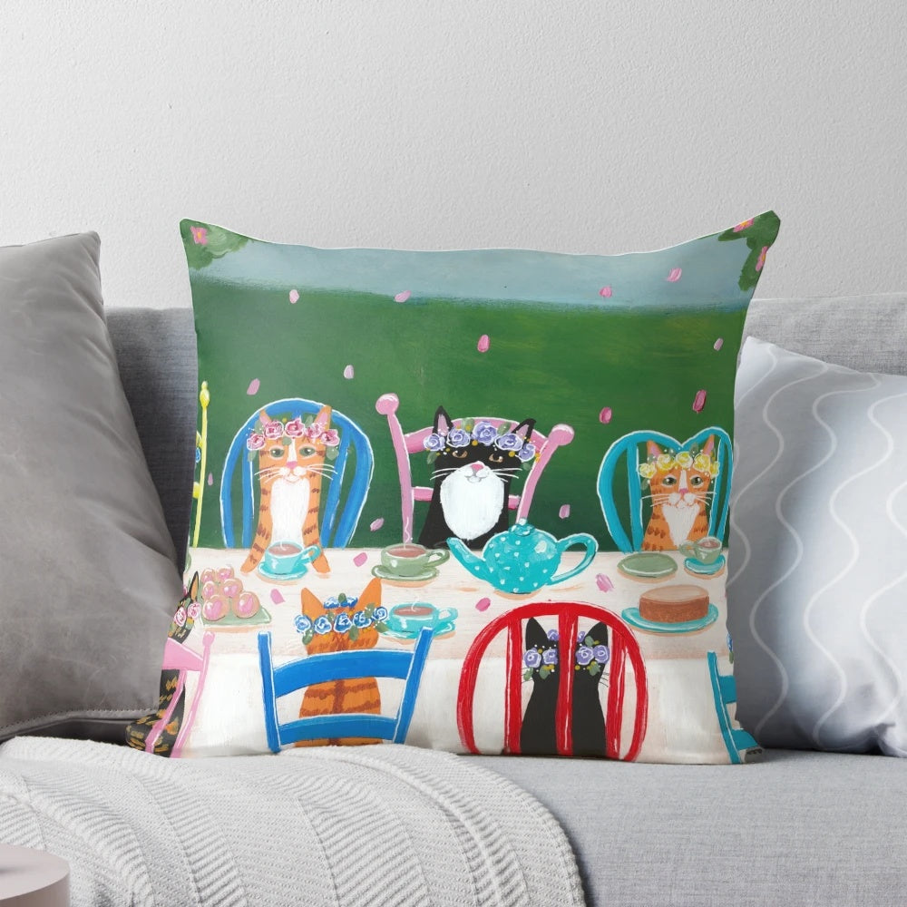 Springtime Cats Tea Party Decorative Pillow with Colorful Cats and Flowers