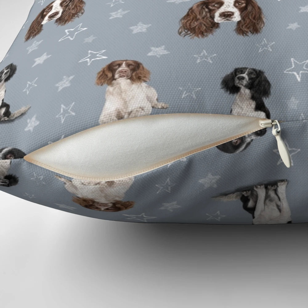 Springer Spaniel blue decorative throw pillow featuring a cute dog breed design
