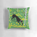 Daffodil-themed pillow featuring a cartoon greyhound, lurcher, or whippet in a natural spring setting