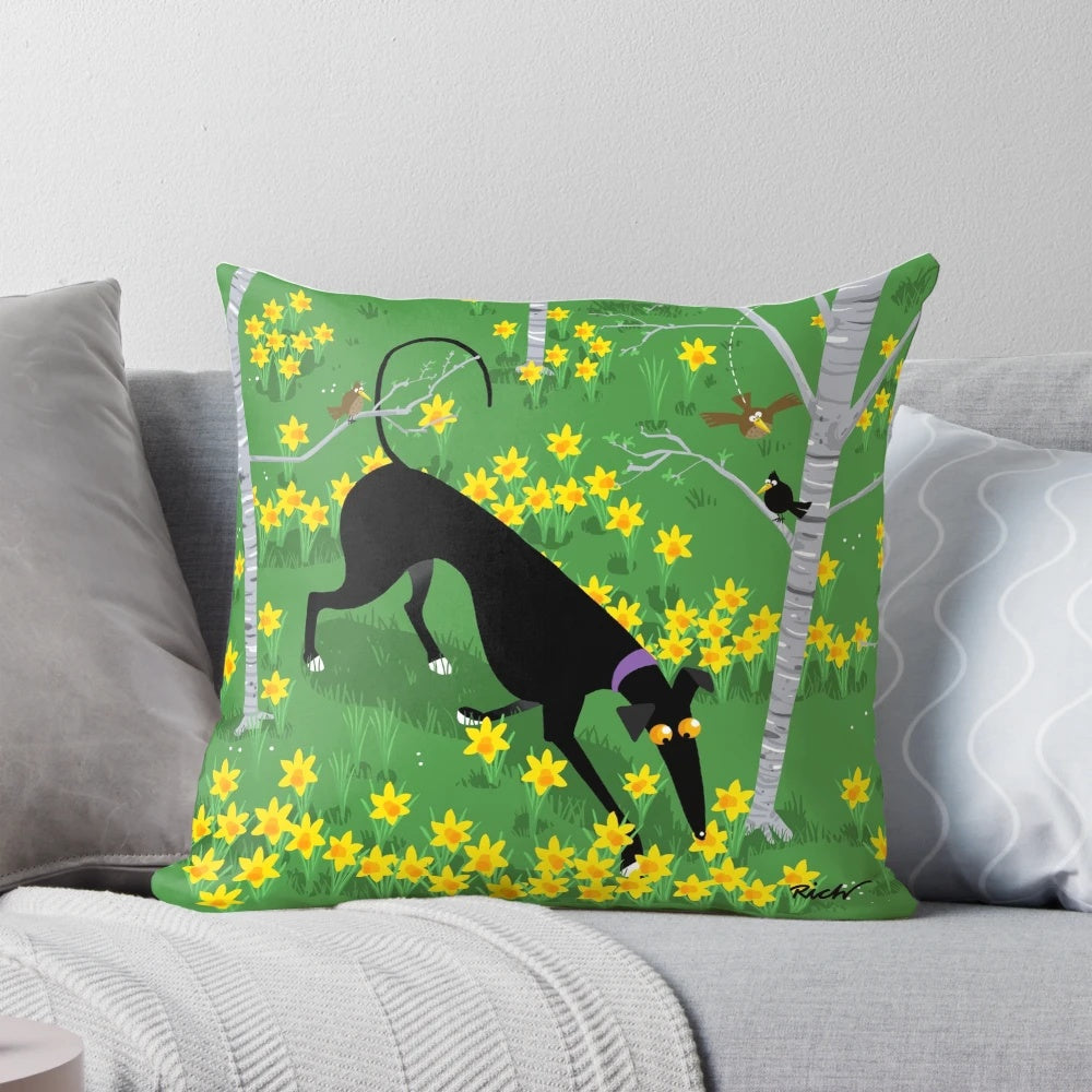 Daffodil-themed pillow featuring a cartoon greyhound, lurcher, or whippet in a natural spring setting