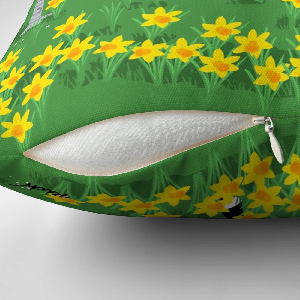 Daffodil-themed pillow featuring a cartoon greyhound, lurcher, or whippet in a natural spring setting