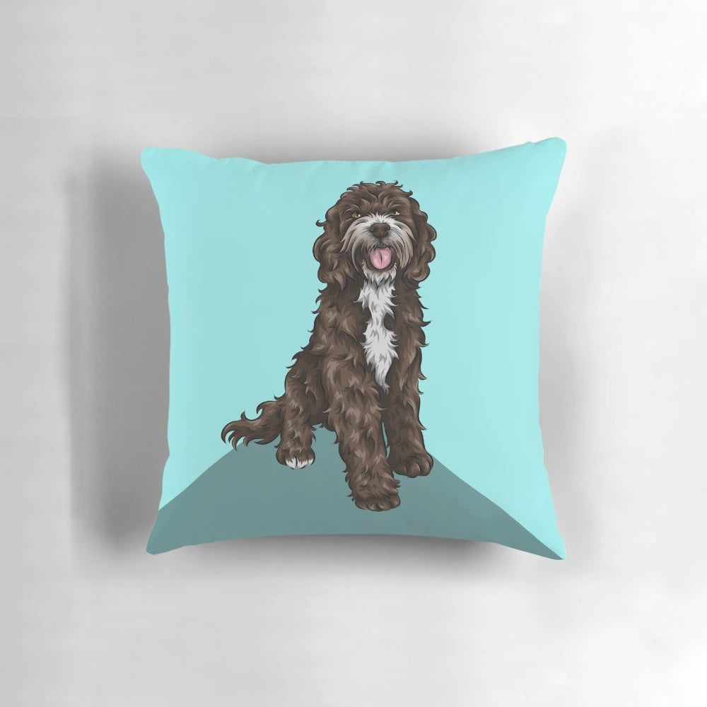 Sproodle doodle dog art decorative pillow with a turquoise background