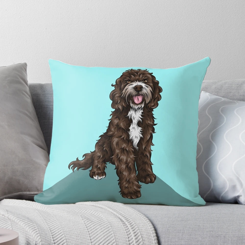 Sproodle doodle dog art decorative pillow with a turquoise background
