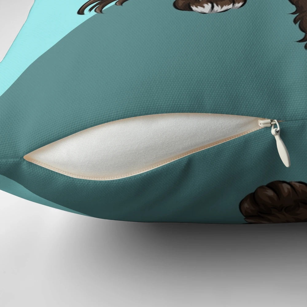 Sproodle doodle dog art decorative pillow with a turquoise background