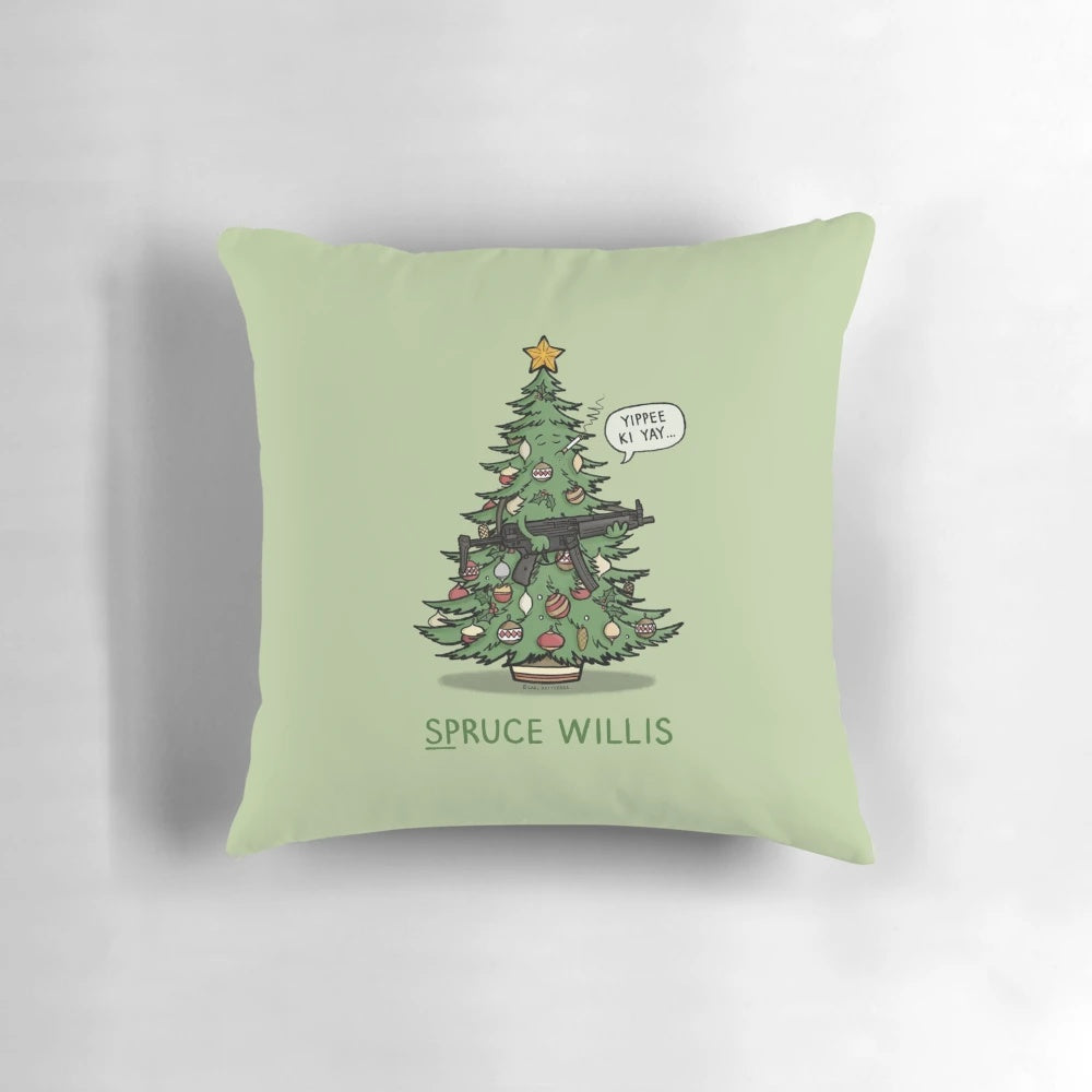 Spruce Willis" Christmas-themed pillow featuring a pun on the actor Bruce Willis