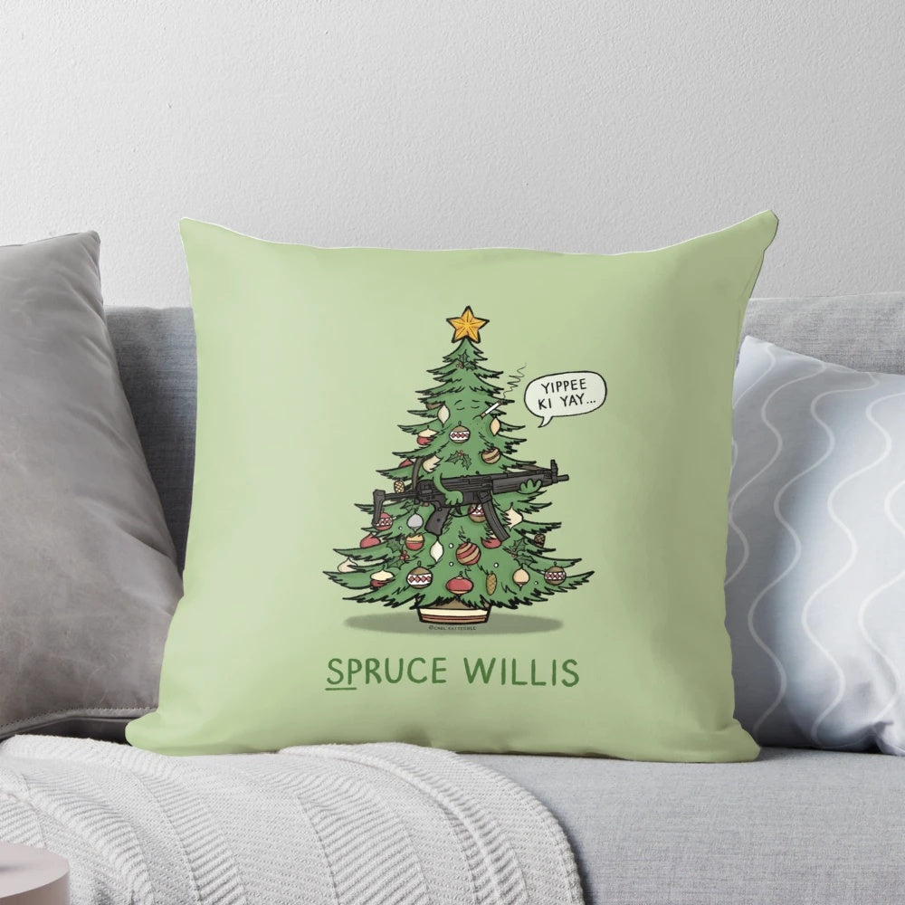 Spruce Willis" Christmas-themed pillow featuring a pun on the actor Bruce Willis