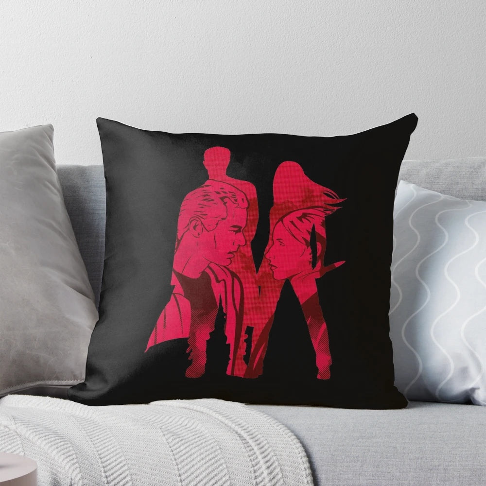 A cozy pillow featuring the iconic Buffy the Vampire Slayer couple, Spike and Buffy