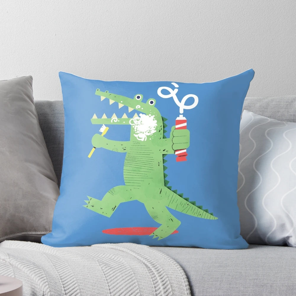 Colorful cartoon alligator pillow with toothpaste design for children's room decor