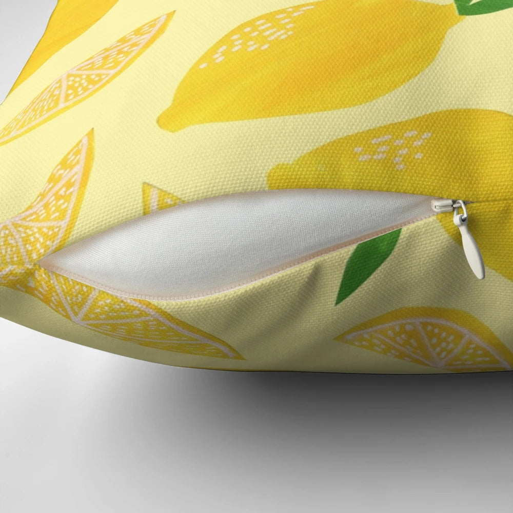 A plush, square pillow featuring a lemon design with the text "Squeeze the Day" as a motivational and humorous home or office decor accessory.