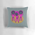 Squid Game inspired boyband-themed decorative pillow featuring pink soldiers, masked men, and dalgona cookies