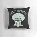 A cozy and humorous Squidward-themed pillow featuring the iconic "I Hate Everyone" quote from Spongebob Squarepants.