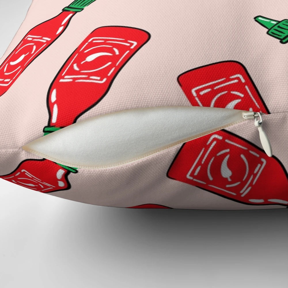 Sriracha sauce-inspired polka dot throw pillow with arrow design, a bold and vibrant home accent.