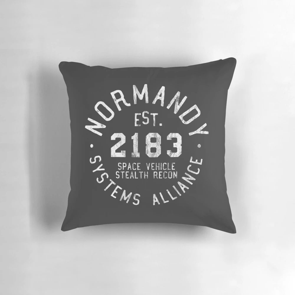 "SSV Normandy Athletic Shirt with Mass Effect-inspired design and white print on pillow"