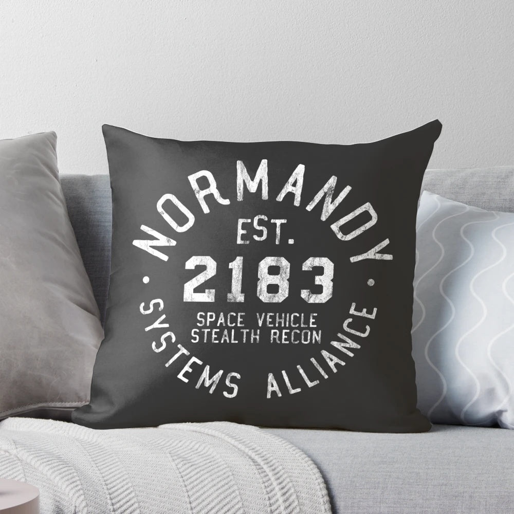 "SSV Normandy Athletic Shirt with Mass Effect-inspired design and white print on pillow"