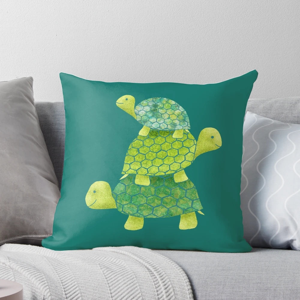 Cute stacked turtle plush pillow in teal, lime green, and turquoise colors
