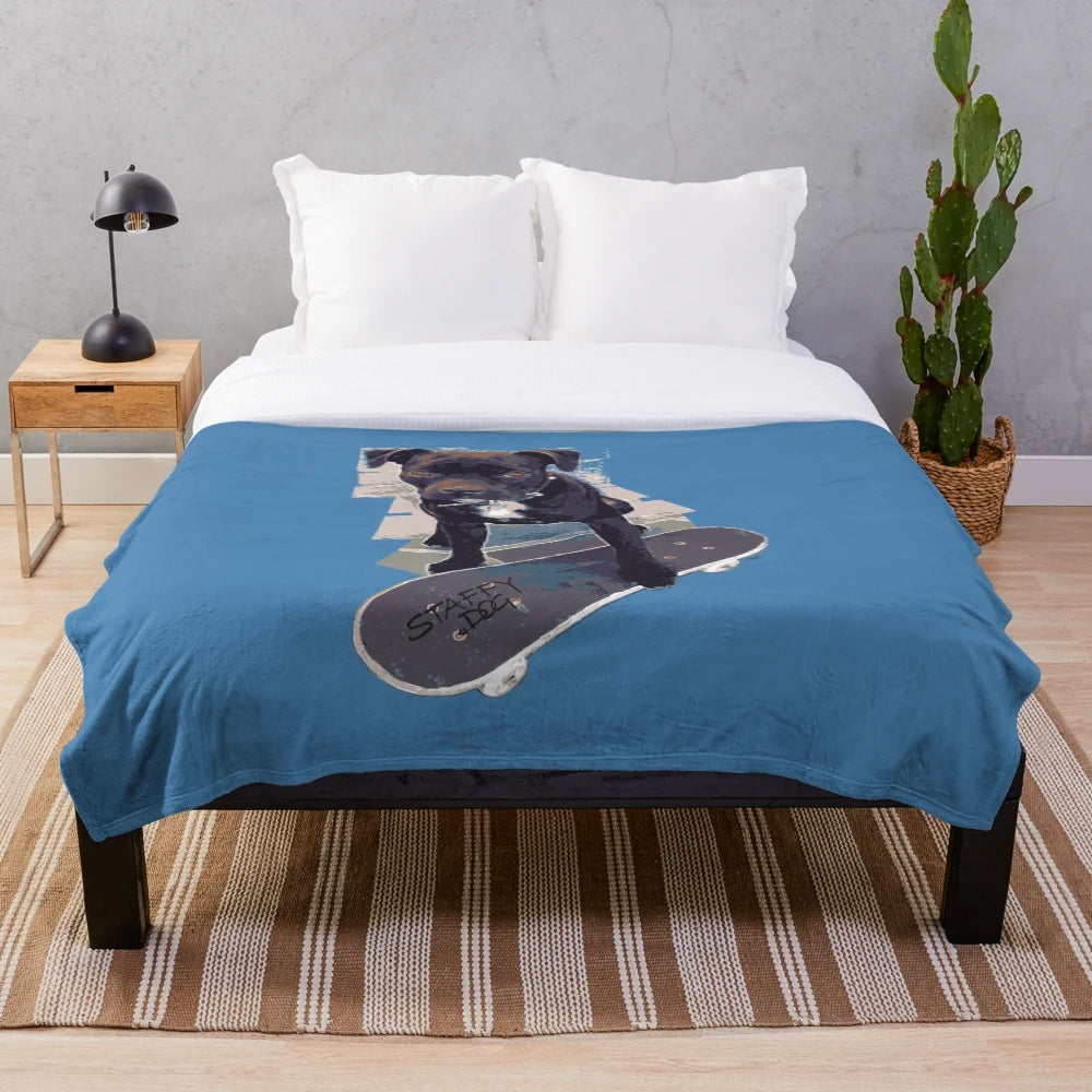 Staffy Dog Skater Themed Plush Blanket