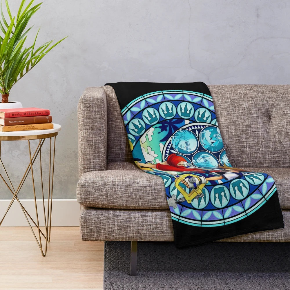 Kingdom Hearts-themed stained glass plush blanket with Sora's Dive to the Heart design