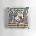 Stained glass nativity scene pillow with the holy family, angels, and three kings
