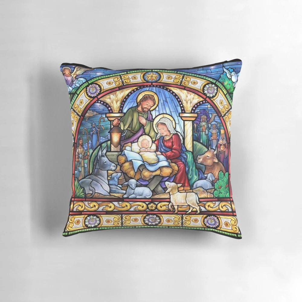 Stained glass nativity scene pillow with the holy family, angels, and three kings