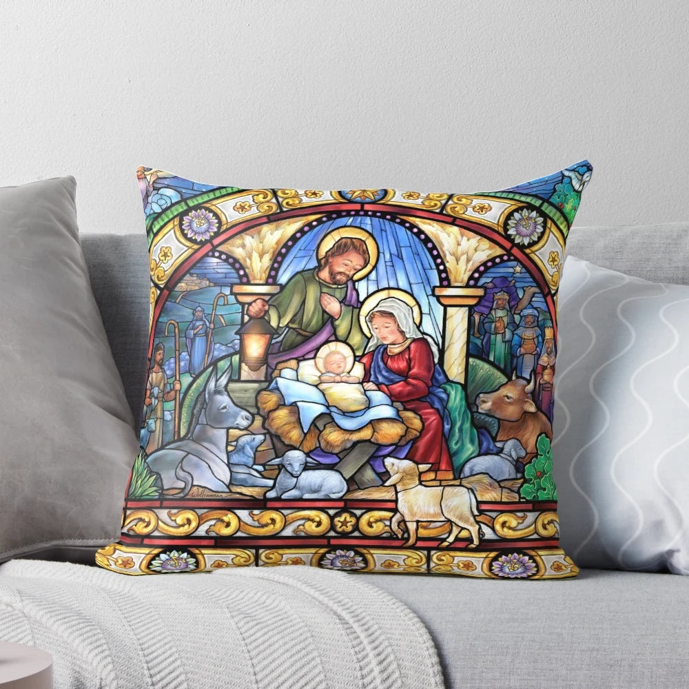 Stained glass nativity scene pillow with the holy family, angels, and three kings