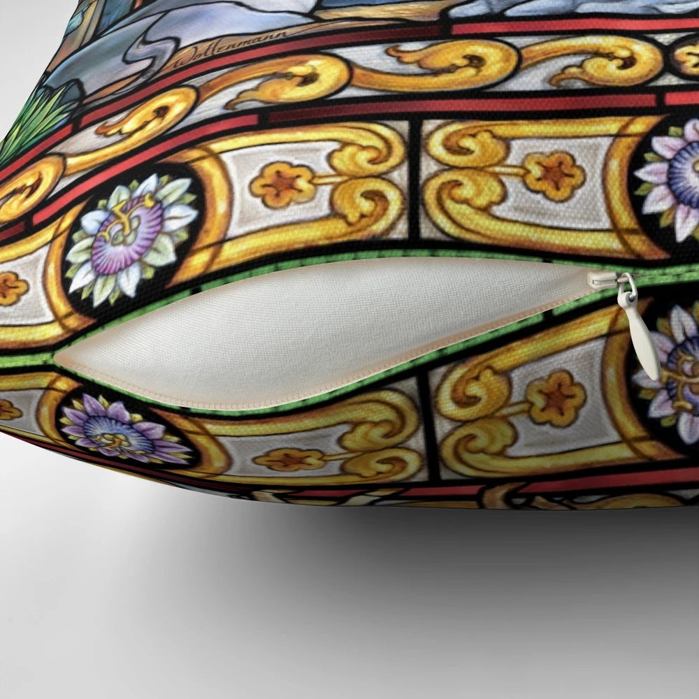 Stained glass nativity scene pillow with the holy family, angels, and three kings