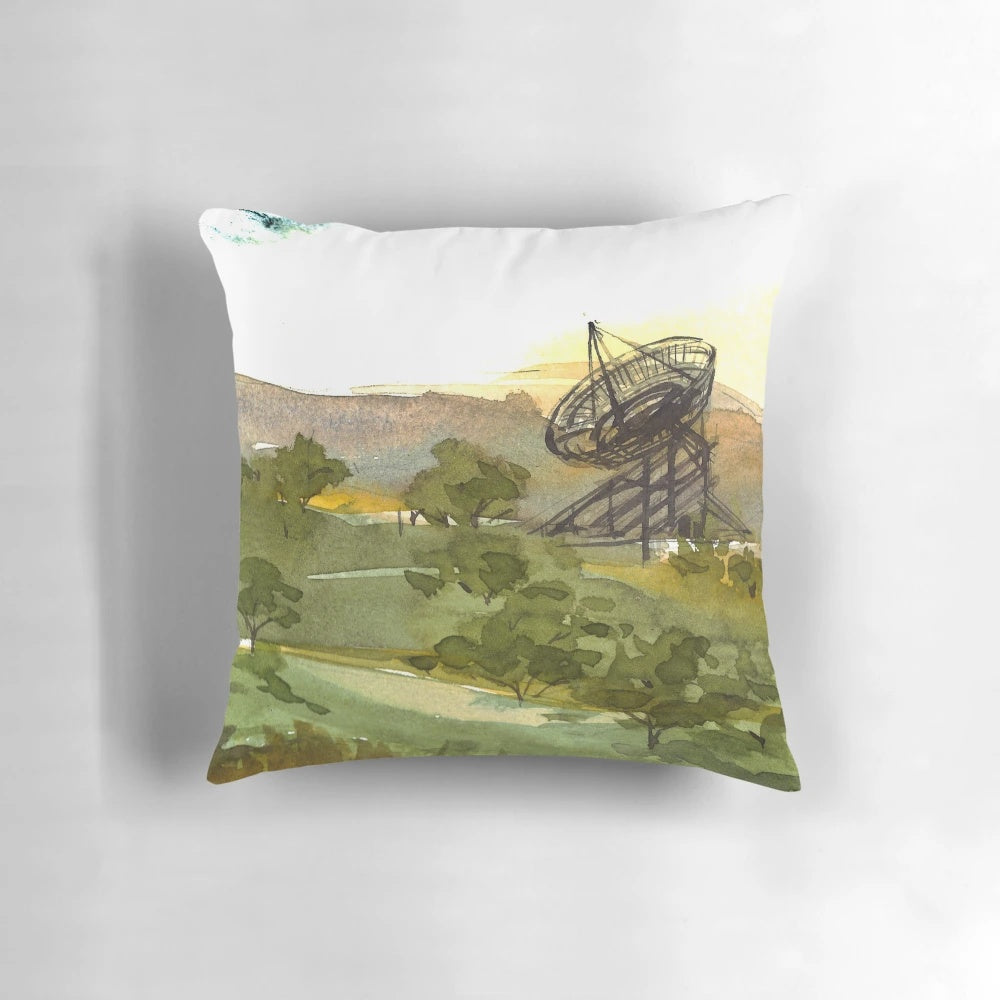 Watercolor painting of the Stanford University satellite dish area and surrounding scenery