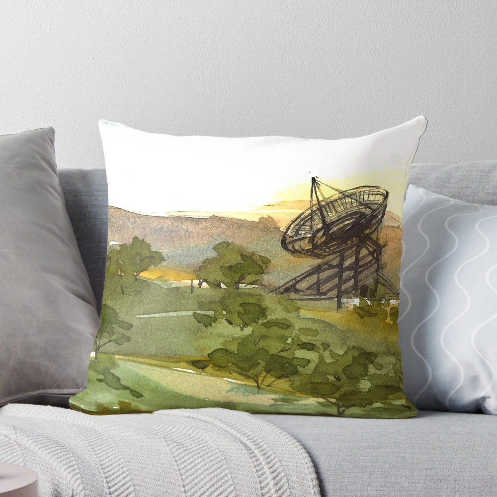 Watercolor painting of the Stanford University satellite dish area and surrounding scenery