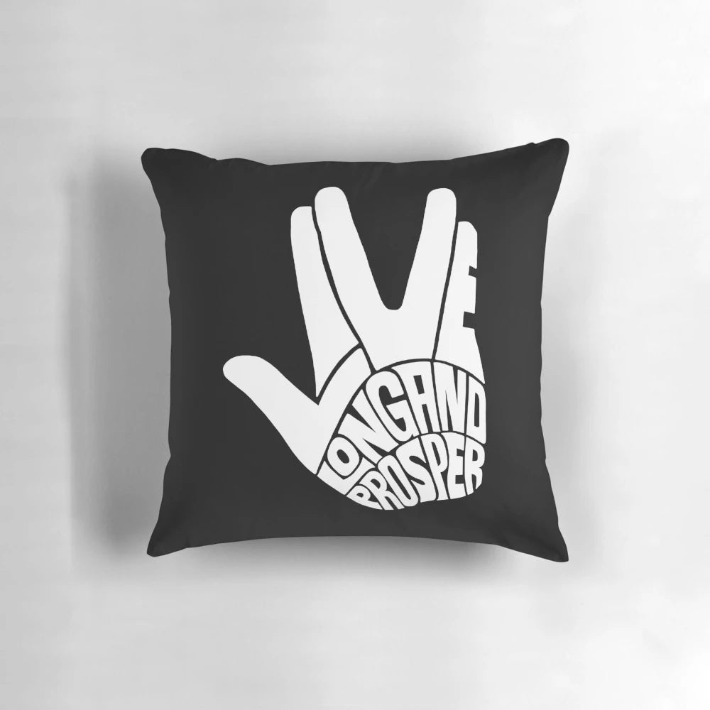 White pillow featuring Spock's iconic "Live Long and Prosper" hand gesture from Star Trek