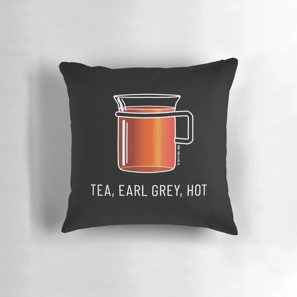 Minimalist pillow design featuring the iconic quote "Tea, Earl Grey, Hot" from Star Trek: The Next Generation's Captain Picard