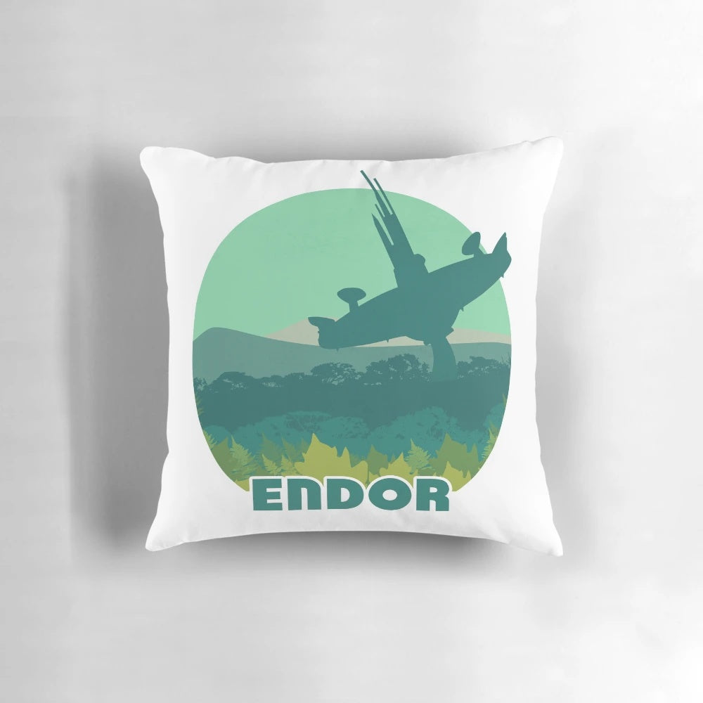 Star Wars Endor Retro Travel Poster Pillow, featuring a vintage-inspired design with the planet Endor from the Galactic Empire