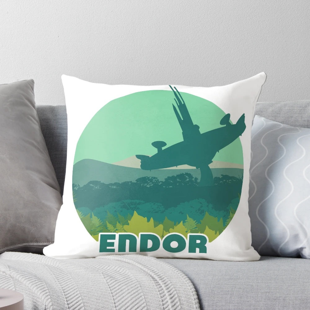 Star Wars Endor Retro Travel Poster Pillow, featuring a vintage-inspired design with the planet Endor from the Galactic Empire