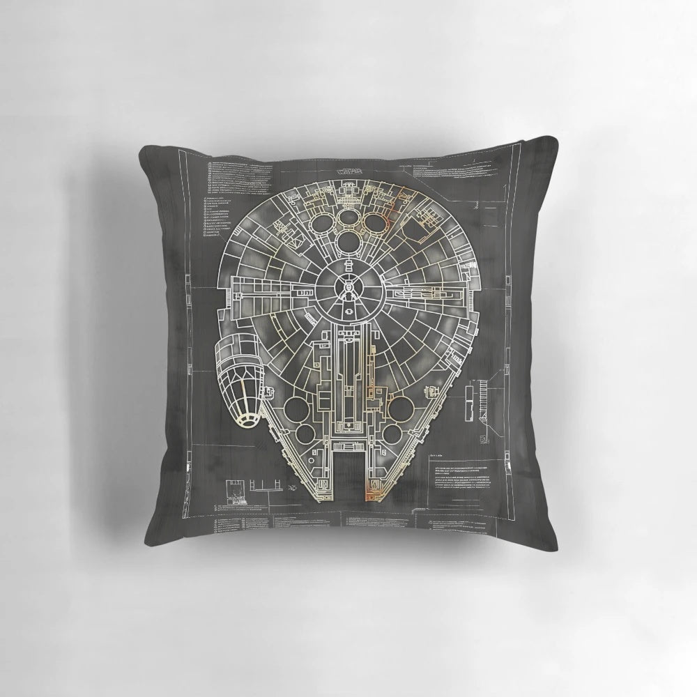 Star Wars Millennium Falcon blueprint fan art printed on a comfortable throw pillow