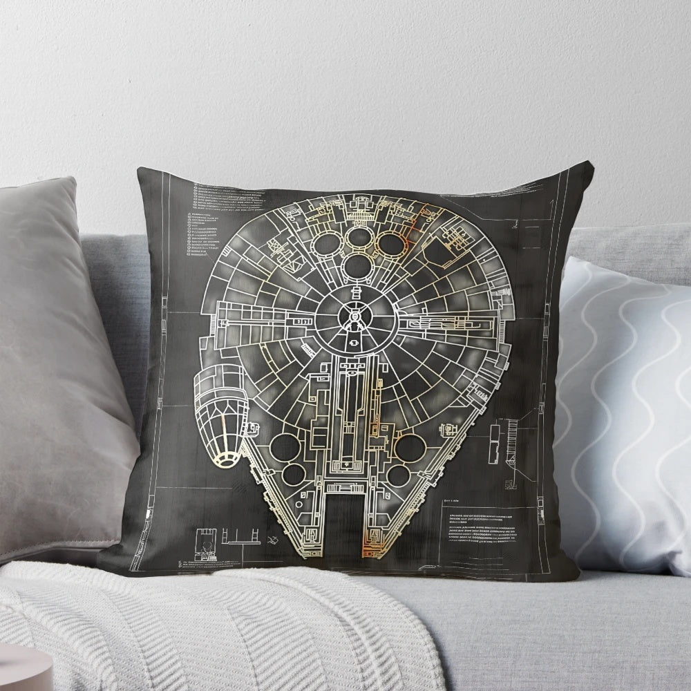Star Wars Millennium Falcon blueprint fan art printed on a comfortable throw pillow