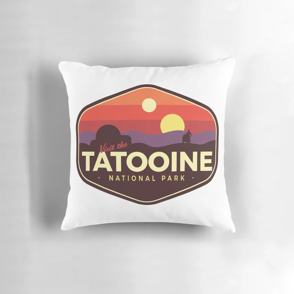 Star Wars Tatooine National Park Pillow, featuring desert landscape and iconic Star Wars characters