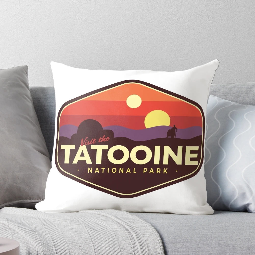 Star Wars Tatooine National Park Pillow, featuring desert landscape and iconic Star Wars characters