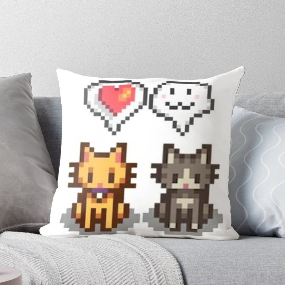 Stardew Valley Cats in Love Pillow - Cute pixel art featuring virtual pets from the farming simulator game