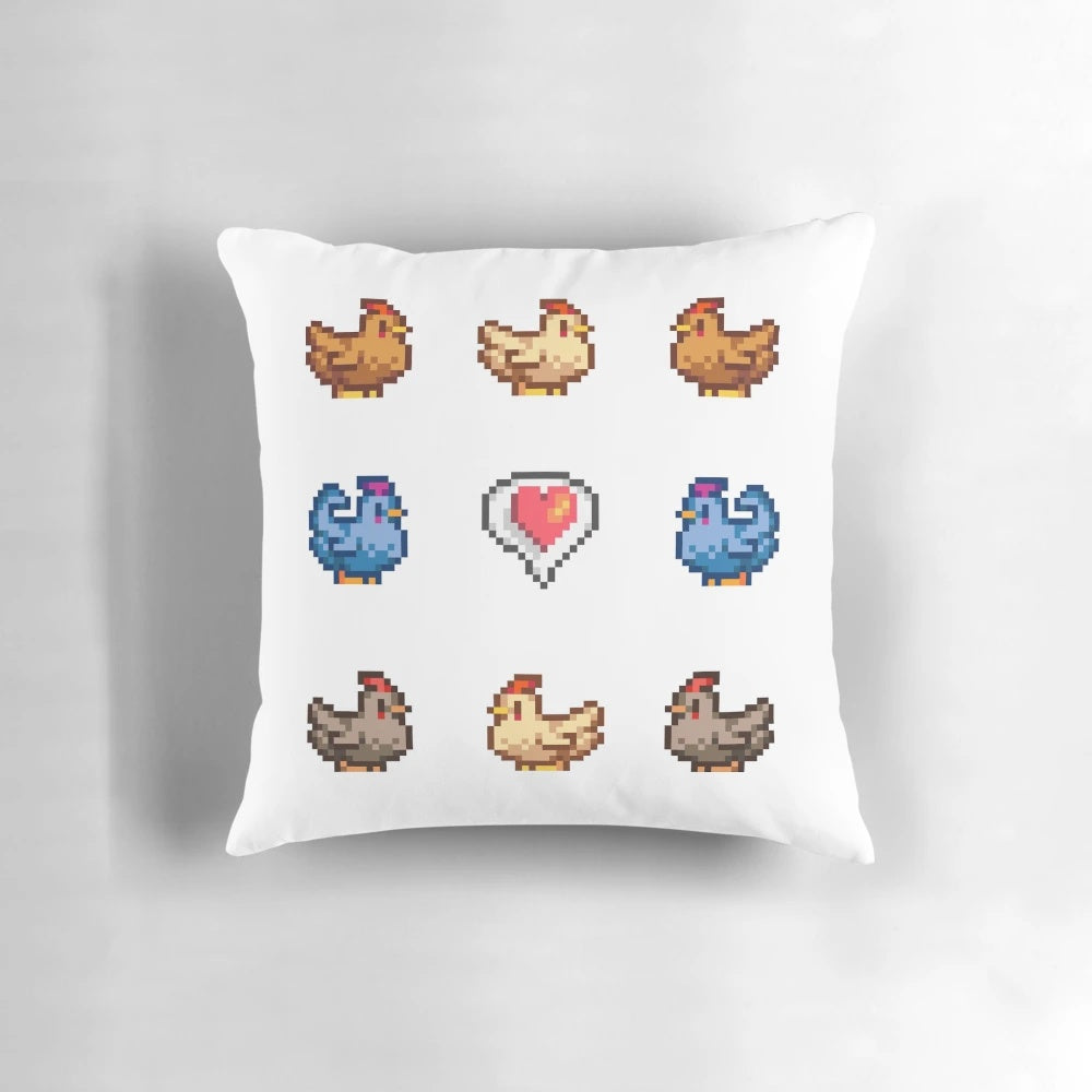 Stardew Valley Chickens Throw Pillow with Colorful Pixel Art Design