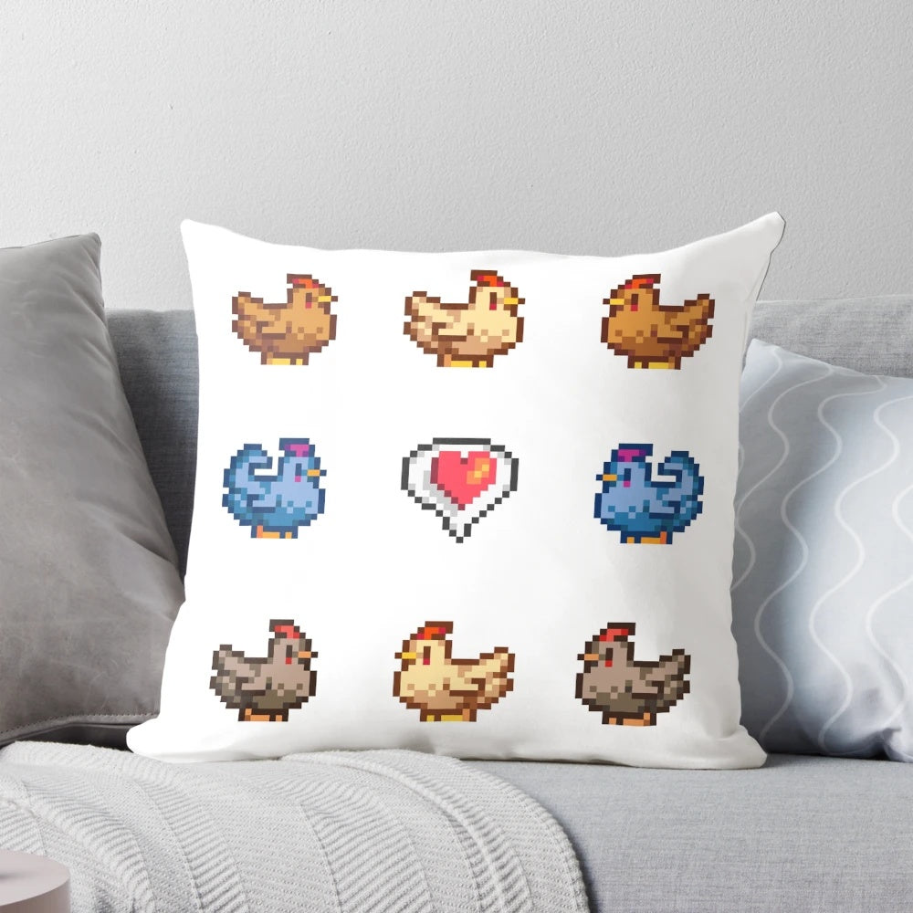 Stardew Valley Chickens Throw Pillow with Colorful Pixel Art Design