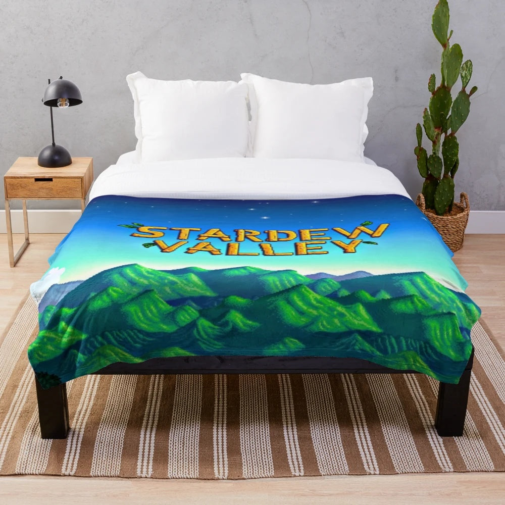 Stardew Valley inspired plush blanket with colorful pixel art design