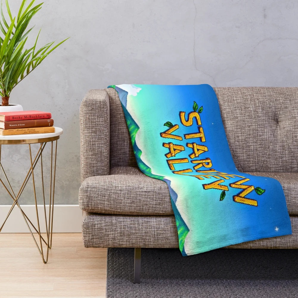 Stardew Valley inspired plush blanket with colorful pixel art design