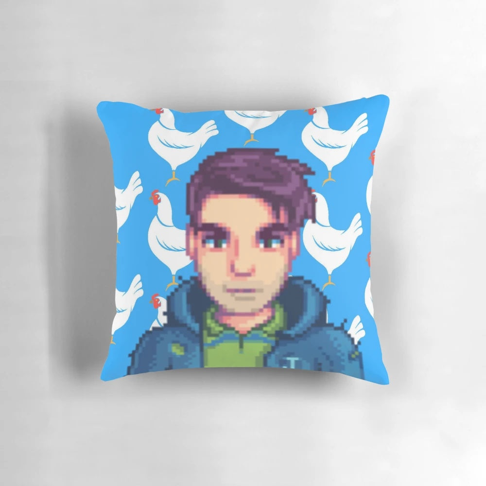A plush pillow featuring the character Shane from the popular video game Stardew Valley.
