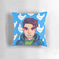 A plush pillow featuring the character Shane from the popular video game Stardew Valley.