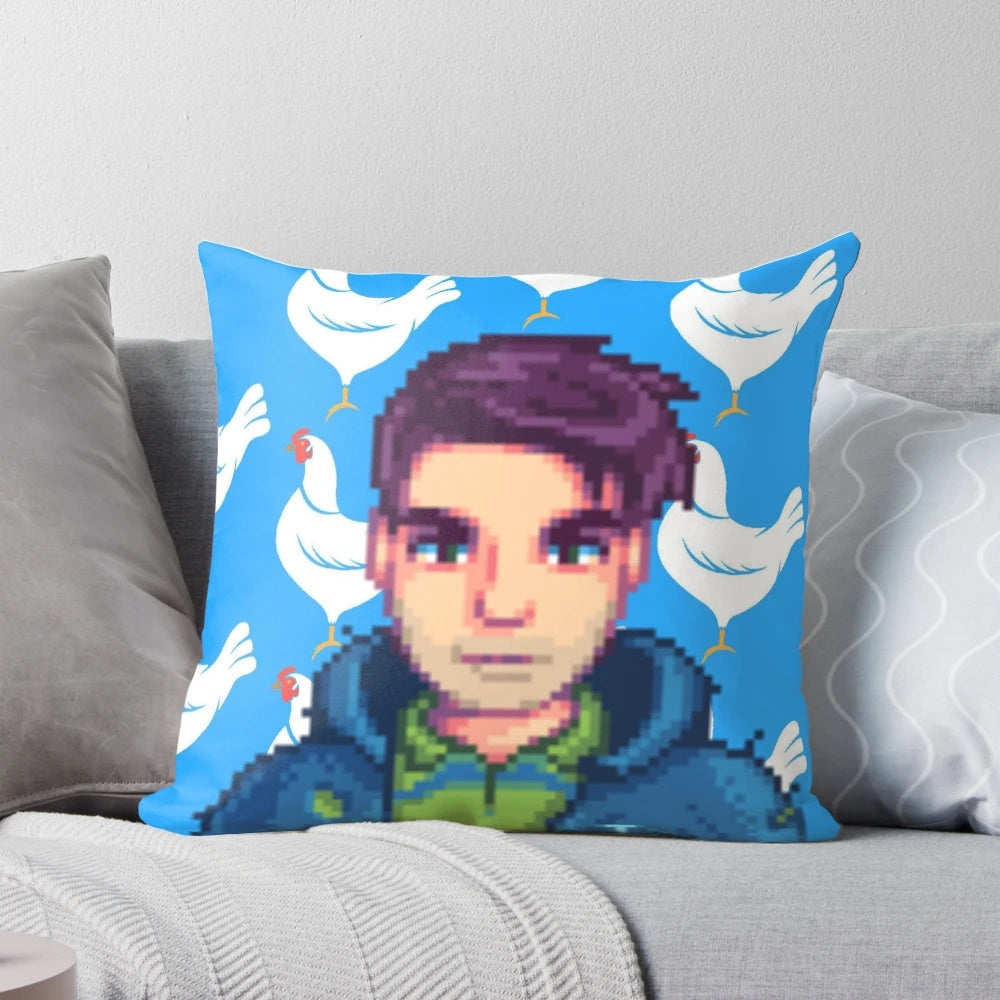 A plush pillow featuring the character Shane from the popular video game Stardew Valley.