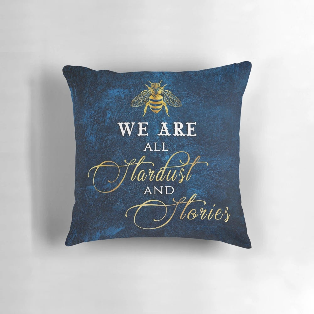 Decorative pillow featuring a quote from "The Starless Sea" by Erin Morgenstern, with a starry night and stardust design.