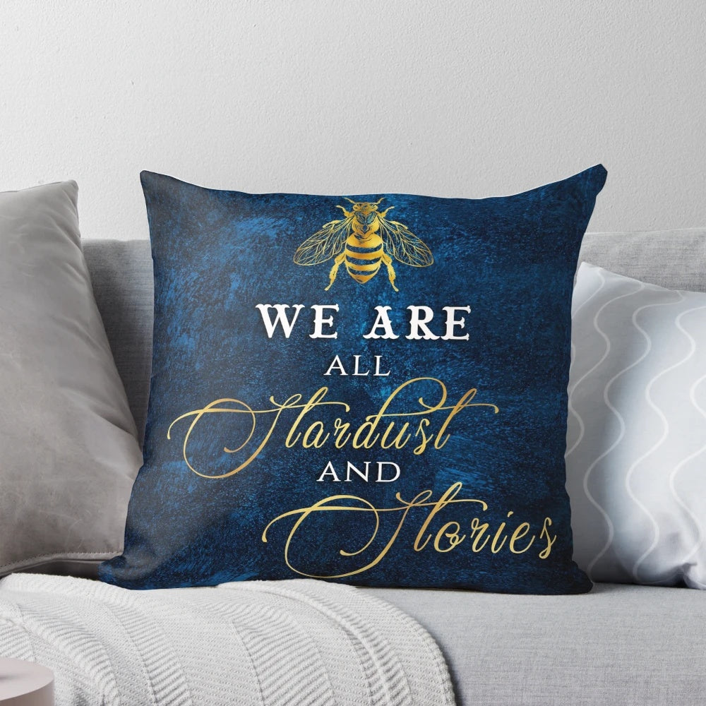 Decorative pillow featuring a quote from "The Starless Sea" by Erin Morgenstern, with a starry night and stardust design.