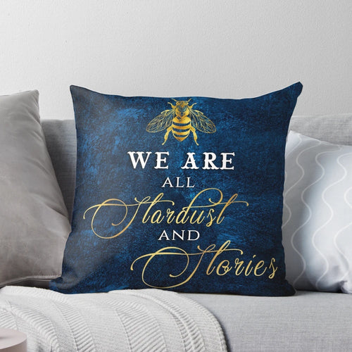 Decorative pillow featuring a quote from "The Starless Sea" by Erin Morgenstern, with a starry night and stardust design.