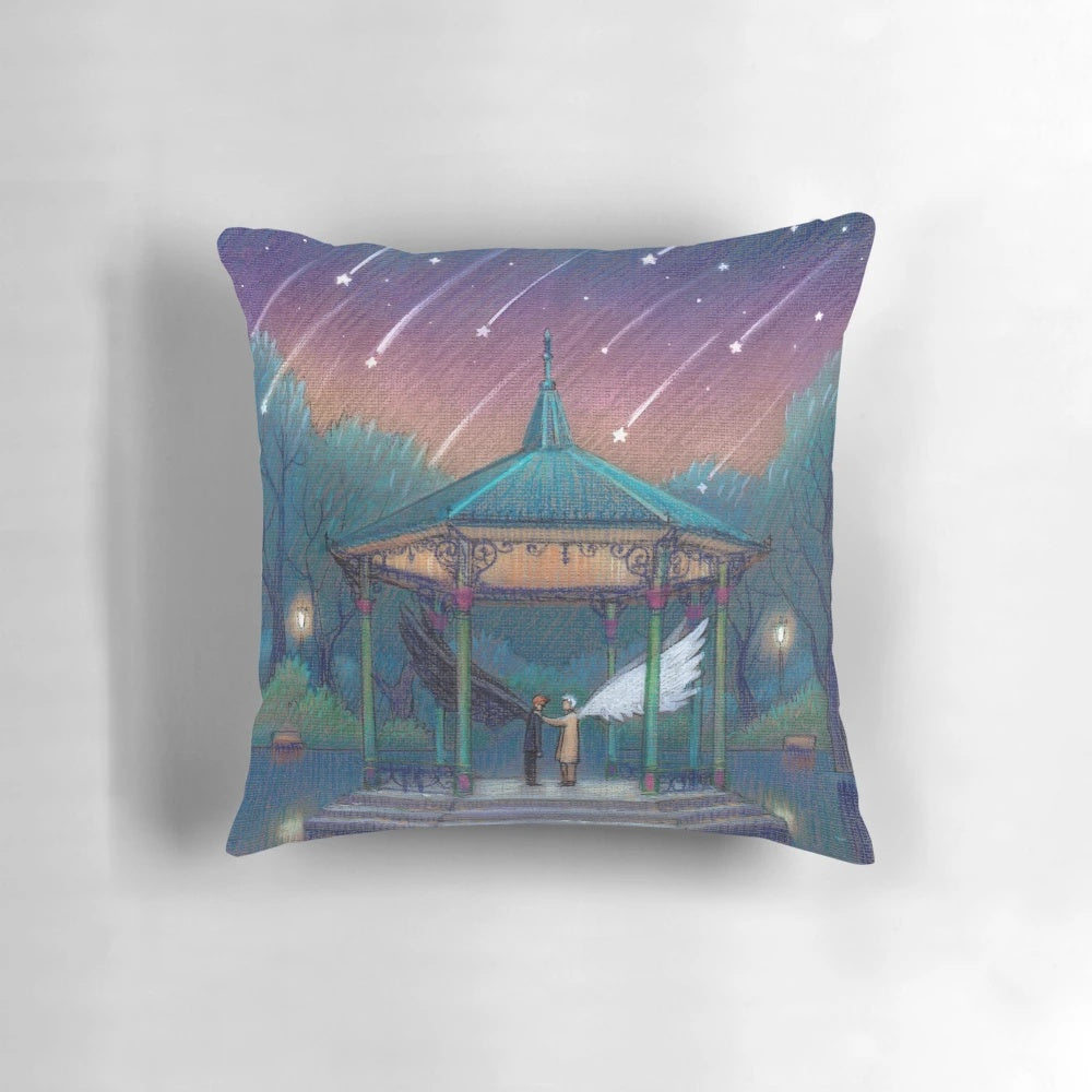 Starfall Pillow featuring angel and demon wings against a night sky with stars and reflection