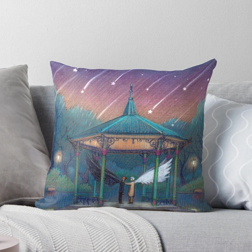 Starfall Pillow featuring angel and demon wings against a night sky with stars and reflection