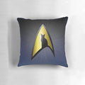Starfleet cat silhouette design on a black and gold decorative pillow