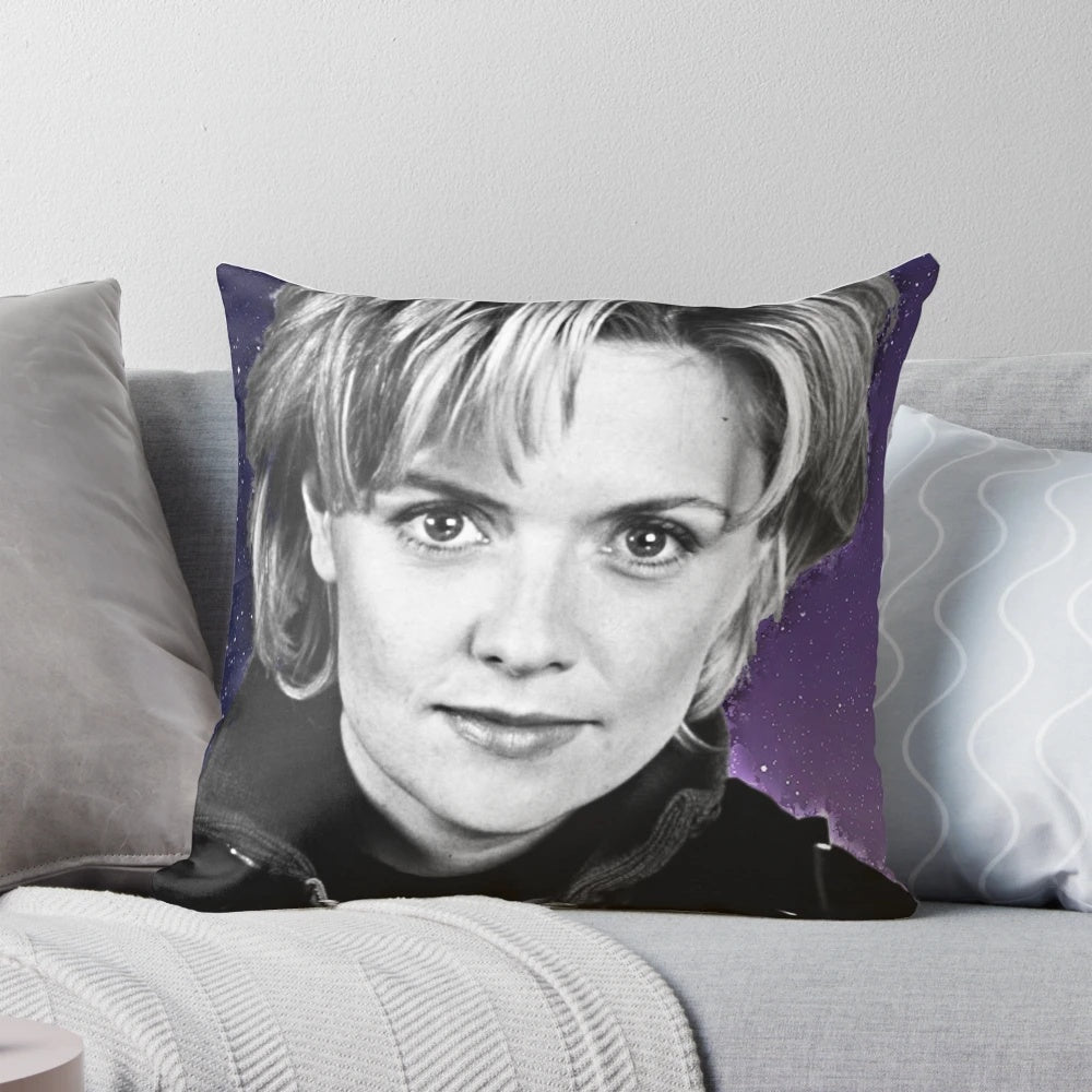 Stargate SG-1 Sam Carter digital art printed on a plush, high-quality pillow.